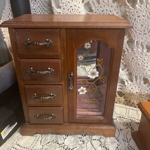 Vintage Wooden Jewelry Cabinet with Floral Glass Door - Brown